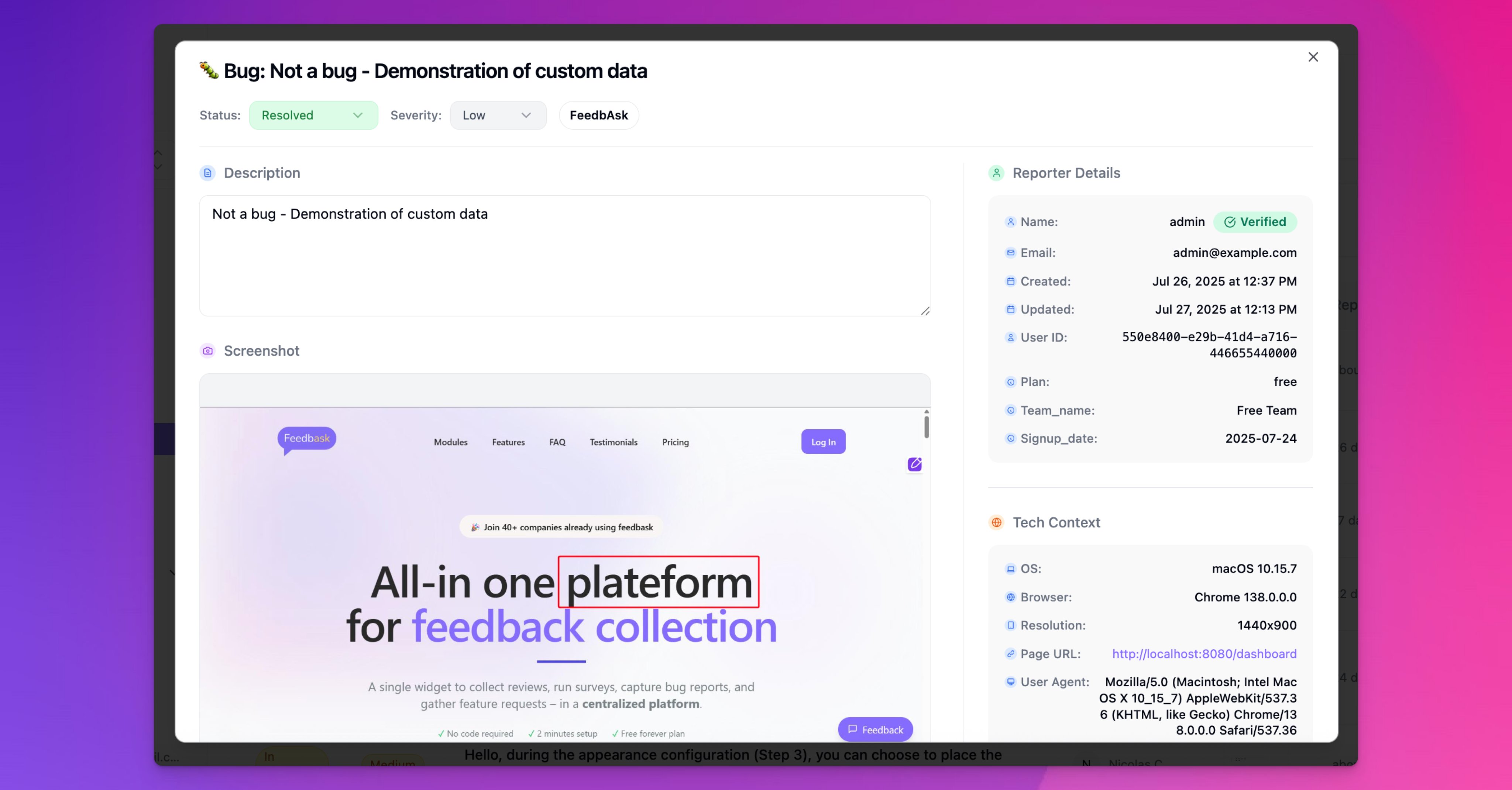 Bug report modal example